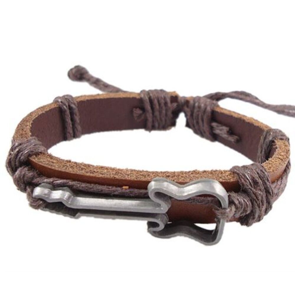 Guitar Outline Leather Hemp Adj Bracelet Brown Leather, Brown Hemp – Unisex 7–8"